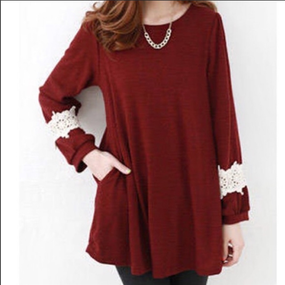 Brick Red Tunic with Crochet Accented Sleeves Medium